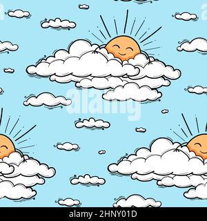 Cute cloud and sun seamless pattern vector background. Smiling sun kids illustration isolated on blue sky. Summer background. Funny design for kids and baby clothing. Stock Vector