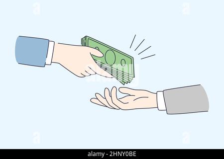 Financial crime and bribe concept. Human hands giving and taking money bribe doing corruption over blue background vector illustration Stock Photo