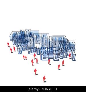 blue green maze and 3d models of red people about to enter. Stock Photo