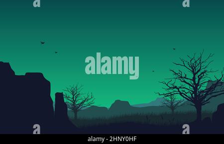 Beautiful mountain scenery with the silhouette of the lush trees on the edge of the cliff Stock Vector
