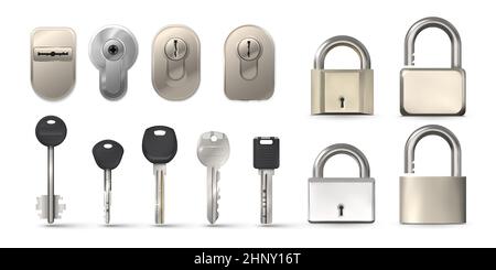 Realistic modern keys, metal padlocks and door keyholes. Open and closed safe steel pad lock. 3d keys for car and house security vector set. Objects f Stock Vector