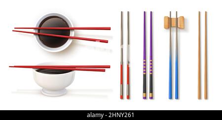 Realistic chopstick designs and bowl with soy sauce. Traditional japanese bamboo utensils. Chopsticks for sushi and asian food vector set. Bamboo uten Stock Vector