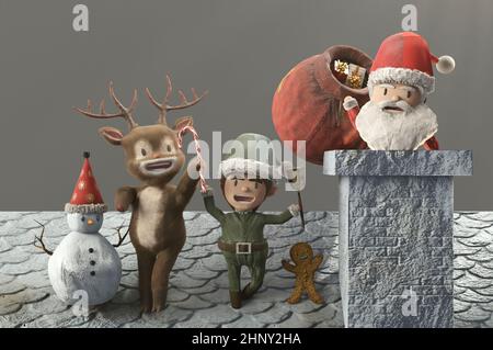 3d illustration. Santa claus and friend arriving by sleigh ready to go down chimney . COPY SPACE for logo and text Stock Photo