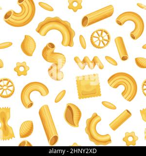 Cartoon italian pasta, dough food seamless pattern. Macaroni, penne, fusilli and spiral shapes. Cuisine cooking wallpaper vector background. Tradition Stock Vector