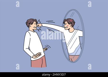 Angry man fight with mirror reflection. Furious mad guy have inner conflict and mental health problems. Suffering from abuse and self-violence. Anger Stock Photo