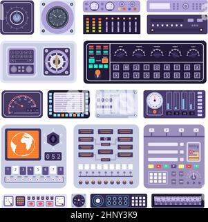 Space control dashboard panel, sensors data and displays. Spaceship cockpit buttons, handles, dials and knobs. Spacecraft console vector set. Equipmen Stock Vector