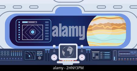 Flat spaceship cabin with control panels dashboard and porthole. Spacecraft screen and buttons. Space navigation center room vector interior. Futurist Stock Vector