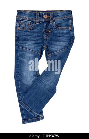 Jeans isolated. Trendy stylish blue denim stretch pants or trousers for child boy isolated on a white background. Clipping path. Jeans summer and autu Stock Photo