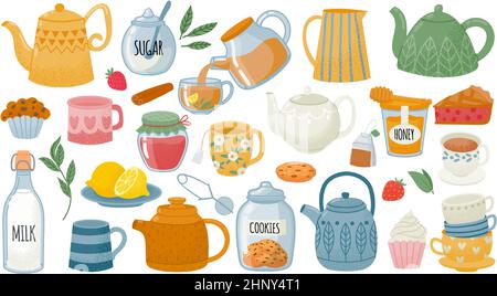 Cups with tea, mugs, desserts, sweets, pastry and ceramic teapots. Breakfast leaf drink. Kettle pouring hot beverage. Tea party vector set. Jar with c Stock Vector