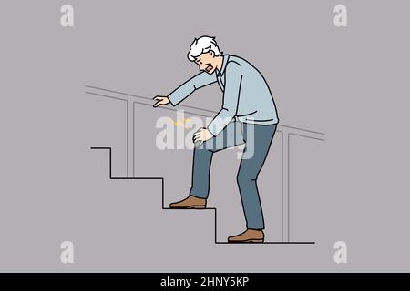 Unhealthy old man walk stairs up suffer from knee pain. Unwell mature male struggle with leg ache, have injury or trauma. Maturity, geriatrics concept Stock Photo