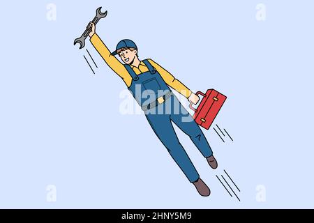 Happy man superhero plumber with wrench ready to help client or customer. Smiling mechanic or engineer plumb fix repair equipment. Job work occupation Stock Photo