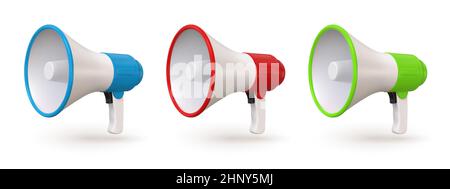 3d realistic red, blue and green megaphone, loudspeaker icons. Public voice speaker for speech, emergency or announce. Bullhorn vector set. Equipment Stock Vector