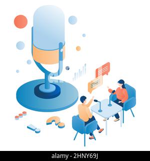 People recording talk podcast in studio, vector isometric illustration. Interview, live talk, radio program. Podcasting. Stock Vector