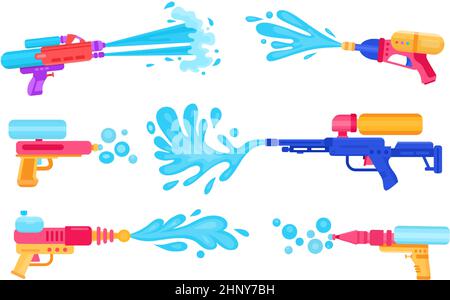 Toy guns spraying water for summer games and songkran festival. Cartoon kids pistols with liquid splashes. Thailand water party vector set. Equipment Stock Vector