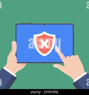 Hands holding black tablet with cross x shield isolated on green background Stock Vector