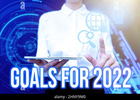Hand writing sign Goals For 2022, Business approach object of persons ambition or effort aim or desired result Lady In Uniform Holding Phone Virtual P Stock Photo