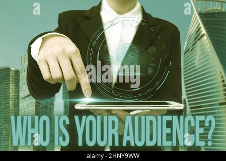 Inspiration showing sign Who Is Your Audience Question, Business overview who is watching or listening to it Hand Touching Screen Of Mobile Phone Show Stock Photo