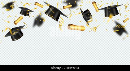 Realistic background with flying graduation caps, gold confetti and diploma. School or university students graduate ceremony vector banner. Graduation Stock Vector