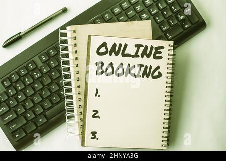 Conceptual caption Online Booking, Business approach Reservation through internet Hotel accommodation Plane ticket Two Plain Lined Spiral Notebooks Wi Stock Photo