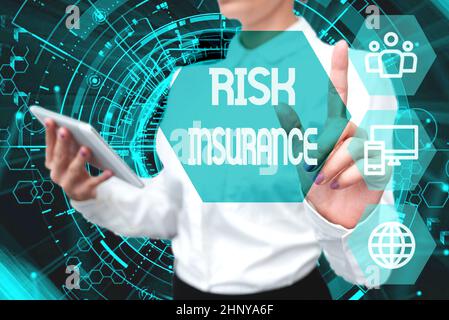 Text caption presenting Risk Insurance, Word Written on The possibility of Loss Damage against the liability coverage Lady In Uniform Standing Hold Ph Stock Photo