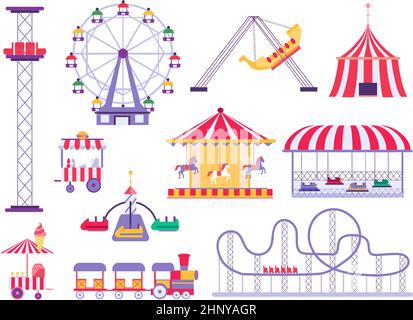 Carnival park attraction ride, train, roller coaster and horse carousel. Amusement fair, tent, cars and swings. Cartoon festival vector set for childr Stock Vector