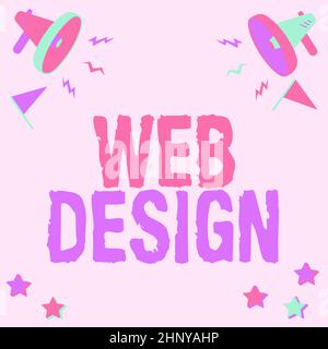 Text showing inspiration Web Design, Concept meaning Website development Designing and process of creating websites Pair Of Megaphone Drawing Producin Stock Photo