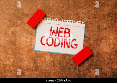 Inspiration showing sign Web Coding, Business concept work involved in developing a web site for the Internet Thinking New Bright Ideas Renewing Creat Stock Photo
