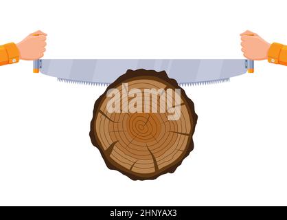 Saw Sawing Tree Trunk. Stock Vector
