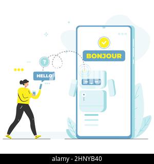 Machine translation, flat vector illustration. Artificial intelligence AI chatbot translator. Stock Vector