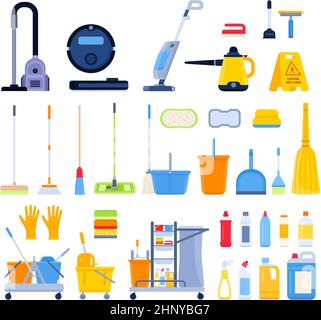 Flat cleaning tools, brooms, rags, brushes and detergent bottles. Household vacuum cleaner, steam mop, buckets, sponges and wipes vector set. Equipmen Stock Vector