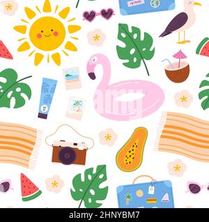 Summer seamless pattern with beach elements, sun, flamingo and watermelon. Summertime vacation travel. Tropical leaf and drinks vector print. Illustra Stock Vector
