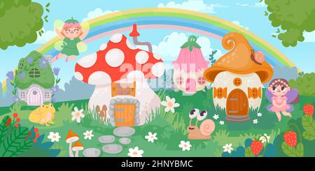 Magic forest village landscape with little houses and fairy. Flower and mushroom fantazy homes for gnomes. Fairytale panorama vector scene. Illustrati Stock Vector