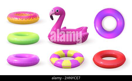 3d inflatable swimming rings designs, doughnut and pink flamingo. Realistic pool rubber circle top and side view. Swim lifesaver vector set. Ring infl Stock Vector
