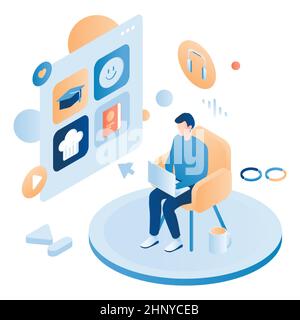 Man choosing video channel on laptop computer to start watching, flat vector isometric illustration. Podcasting. Stock Vector