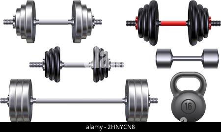 Realistic metal dumbbells, kettlebell and barbell for gym weight training. 3d fitness and bodybuilding exercise iron equipment vector set. Illustratio Stock Vector