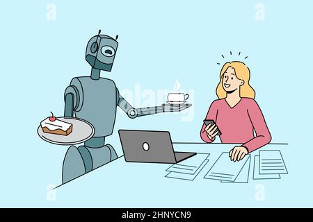 Future technologies and Artificial intelligence concept. Smiling girl sitting working and taking coffee and cake from robot bot communicating with her vector illustration  Stock Vector