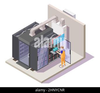 Data center or server room with server racks, technician performing diagnostic test, flat vector isometric illustration. Stock Vector
