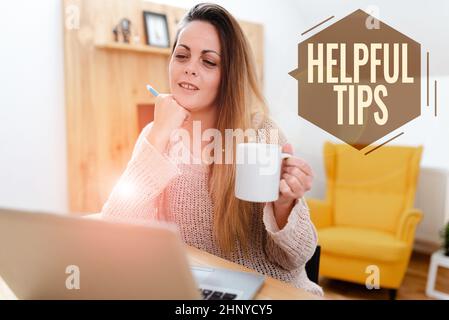 Text sign showing Helpful Tips, Word Written on advices given to be helpful knowledge in life Internet Video Chat Concept, Abstract Long Distance Rela Stock Photo