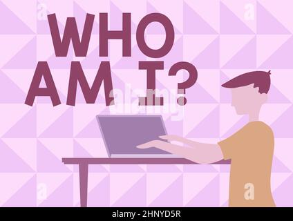 Text showing inspiration Who Am I Question, Business approach asking about self identity or personal purpose in life Businessman Standing Using Laptop Stock Photo