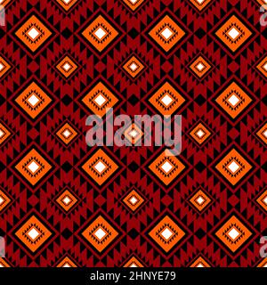 Orange Geometric on red ethnic oriental pattern traditional Design for background,carpet,wallpaper,clothing,wrapping,Batik,fabric, illustration embroi Stock Photo