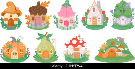 Cartoon little fantasy houses for fairies, elves, gnomes or dwarfs. Mushroom, pumpkin and flower cute fairytale homes in forest vector set. Illustrati Stock Vector