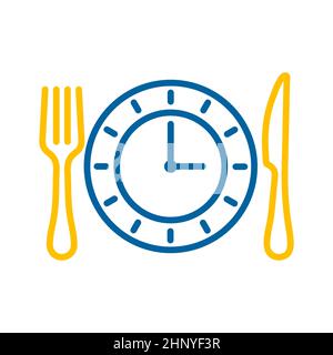 Plate with knife and fork with an isolated icon of clock. Delivery sign. Graph symbol for cooking web site and apps design, logo, app, UI Stock Photo