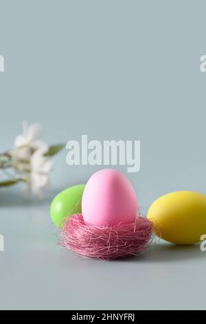 Easter colorful chicken eggs in decorative white stands on blue background. Vertical greeting card with copy space. Stock Photo