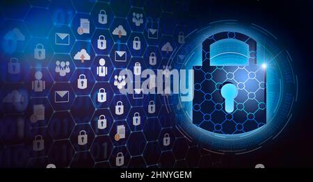 Key lock security system abstract technology world digital link cyber security on hi tech Dark blue background Stock Photo