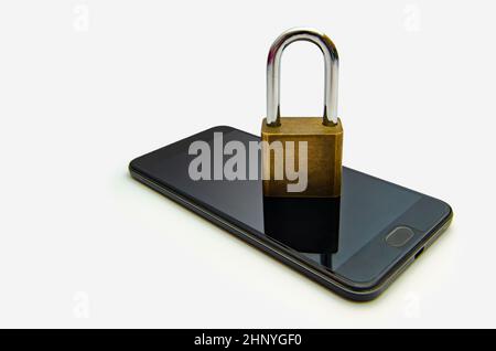 Isolate Unlocked smartphone lock Internet phone hand  press the phone to communicate in the Internet. Cyber security concept hand protection network w Stock Photo