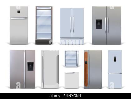 Realistic 3d household and industrial fridges modern designs. Kitchen refrigerators and display coolers. Metallic fridge machine vector set of refrige Stock Vector