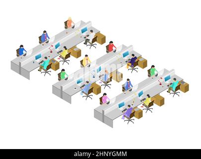 Office with people working on computers. Lots of people sit in chairs and work together. Isometric view. Flat style. Vector illustration. Stock Vector