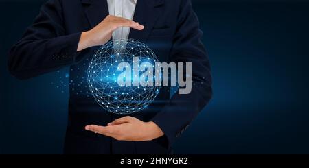 Earth polygon mesh planet World Map In the hands of a businessman network technology and communication Space input data Stock Photo