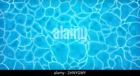 Realistic swimming pool bottom with blue water waves texture. Summer aqua surface with caustics ripples. Spa pool top view vector background. Illustra Stock Vector