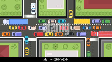 City road top view with cars traffic and buildings. Street with transport jam, urban highway map with vehicles. City vector infrastructure. Illustrati Stock Vector